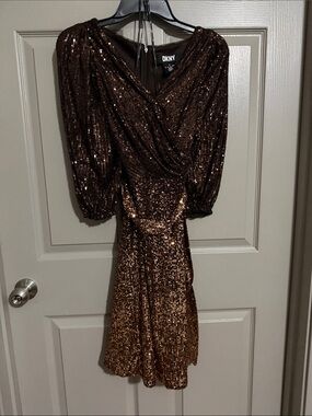 DKNY Bronze Sequin Midi Dress with Puff Sleeves